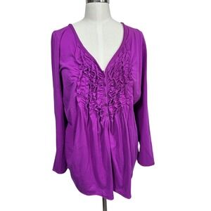 Lane Bryant Purple Ruffle Front V-Neck Blouse Long Sleeve Stretchy Women's 14/16